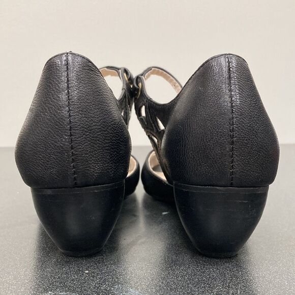 All Black the Brand Anthropologie Black Leather Cut Out Peep Toe Mary Jane Heels - Picture 6 of 12